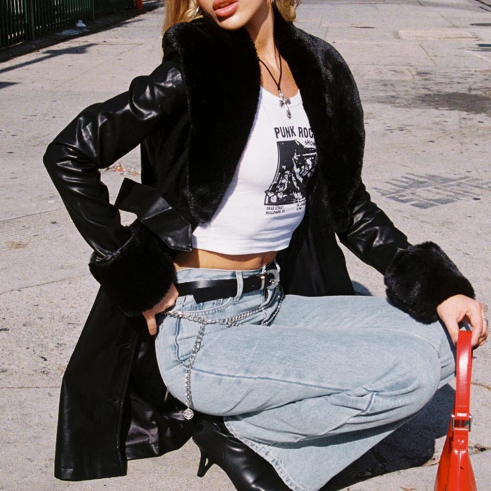 Black Faux Fur Trim Leather Coat